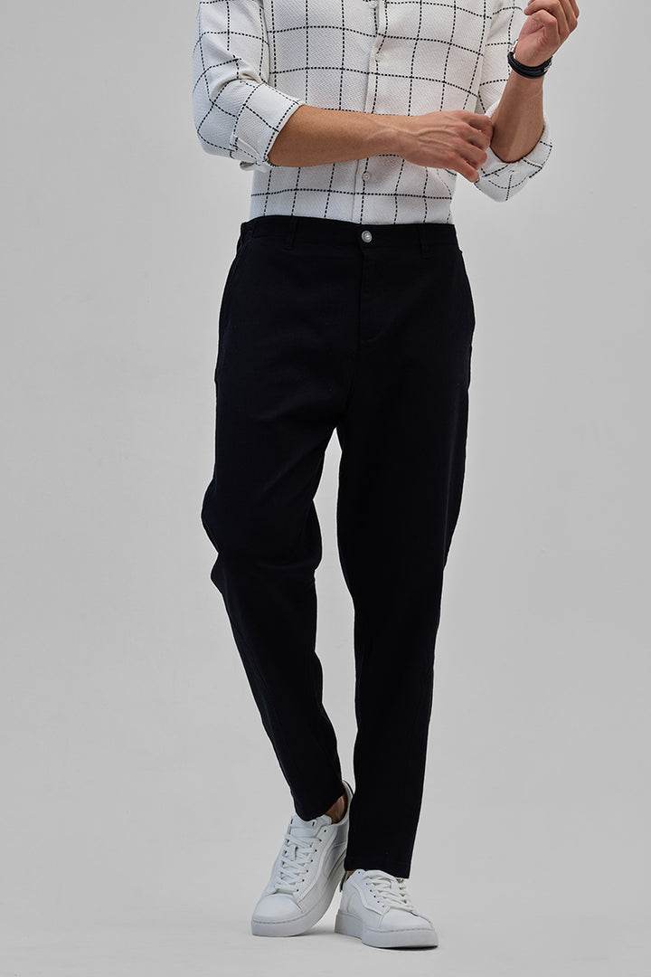 Black Textured Relaxed Fit Trousers