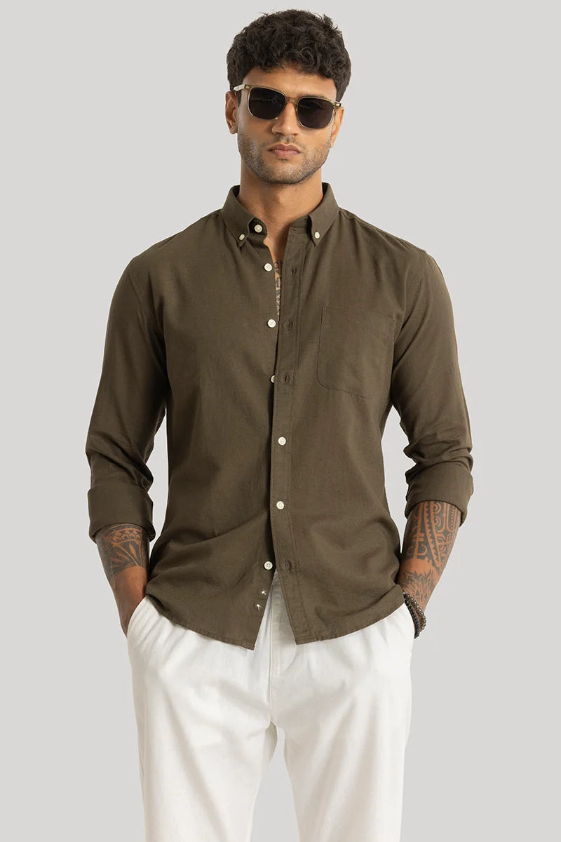 Henri Olive Plain Linen Blend Shirt