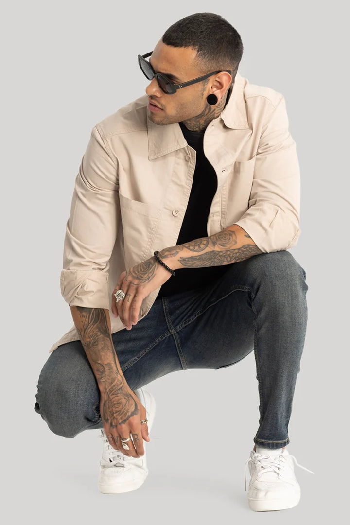 Double Pocket Beige Overshirt