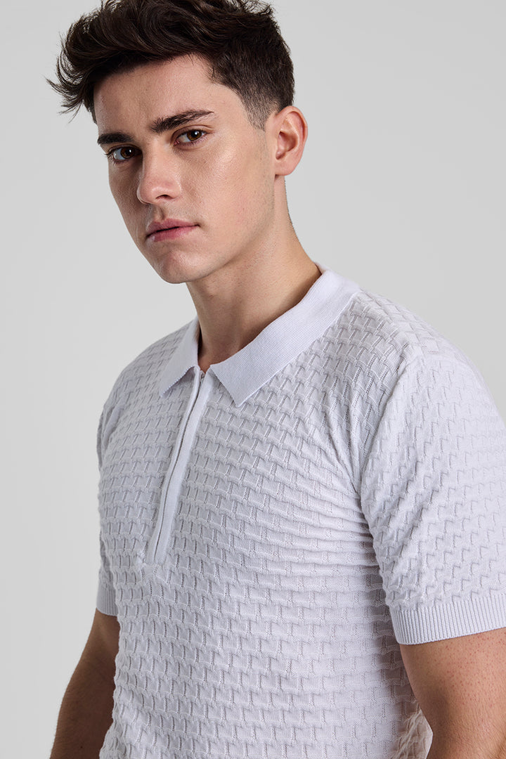 White Zipper Knitted Polo T-Shirt