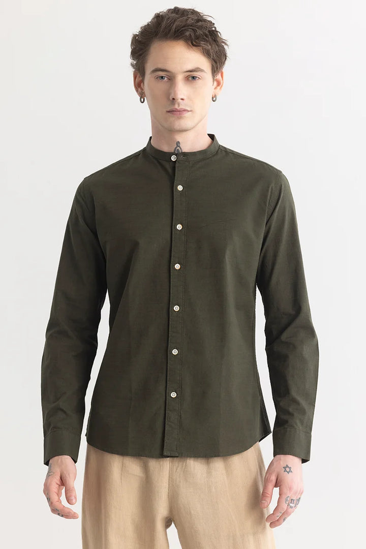 Mandarique Olive Linen Blend Shirt