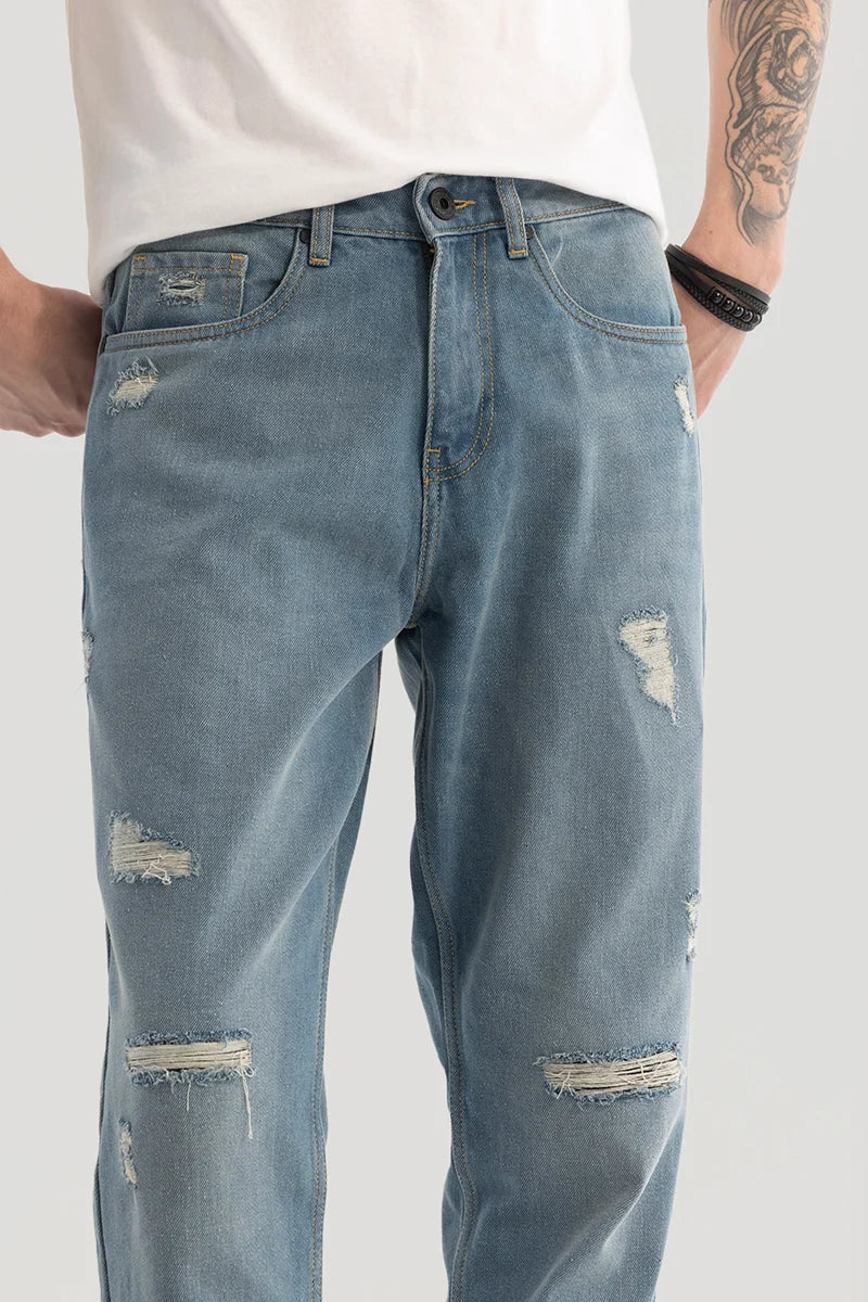 Blue Distressed Baggy Fit Jeans