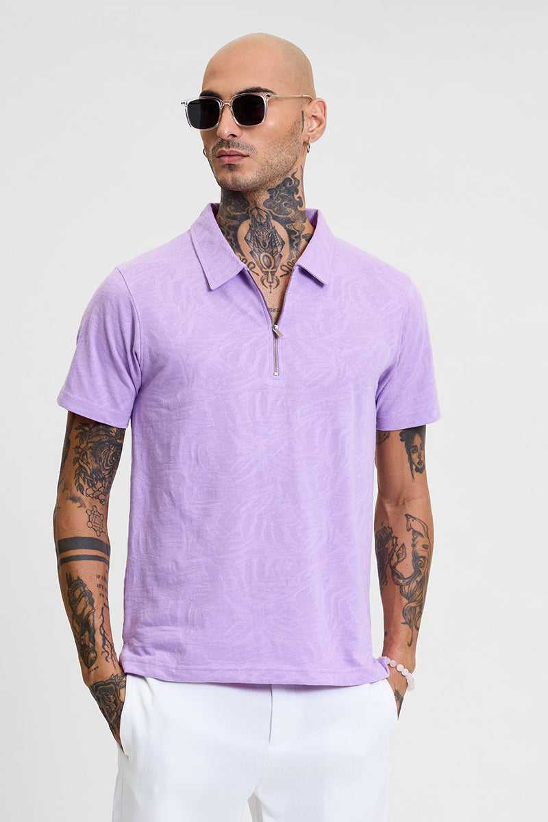 Lavender Self-Design Zipper Polo T-Shirt