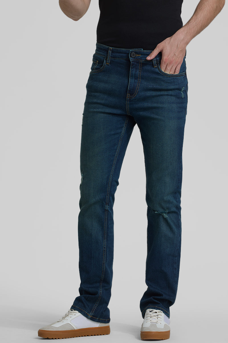 Dark Blue Distressed Straight Fit Jeans