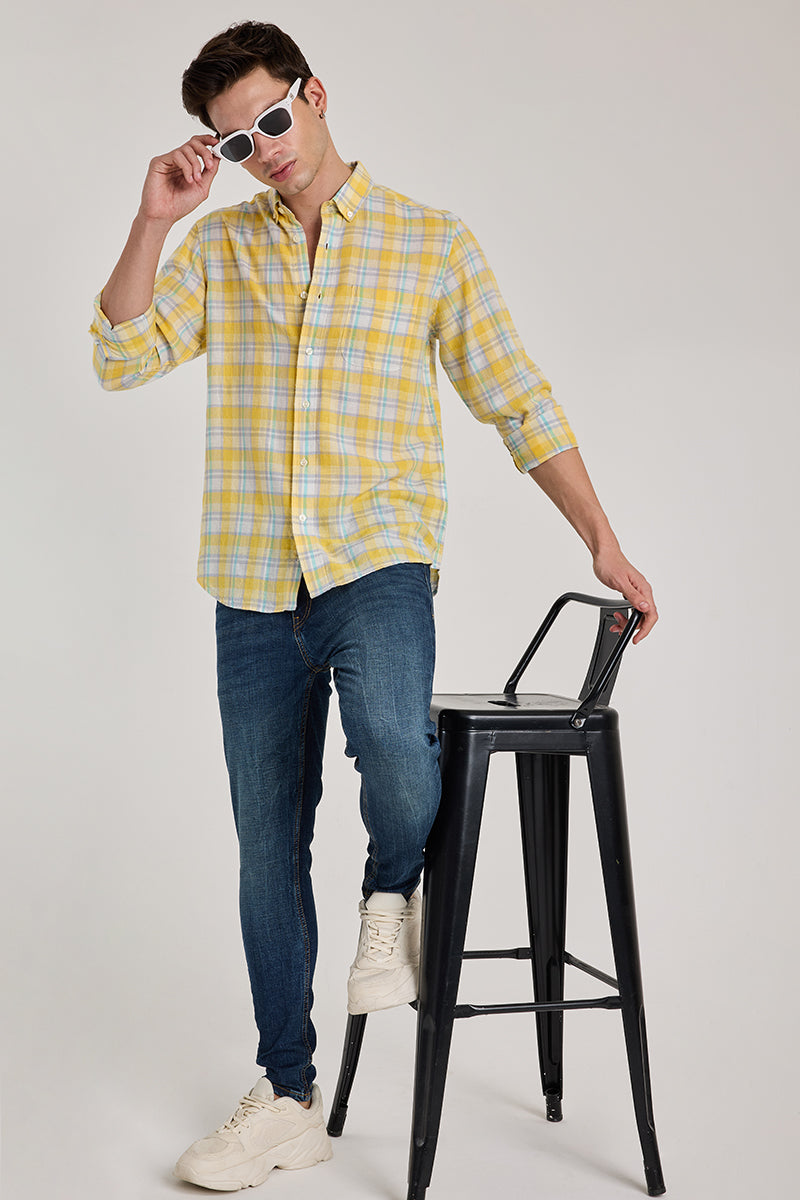 Yellow Checks Linen Blend Shirt