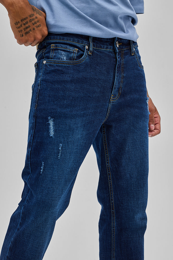 Dark Blue Distressed Regular Fit Jeans