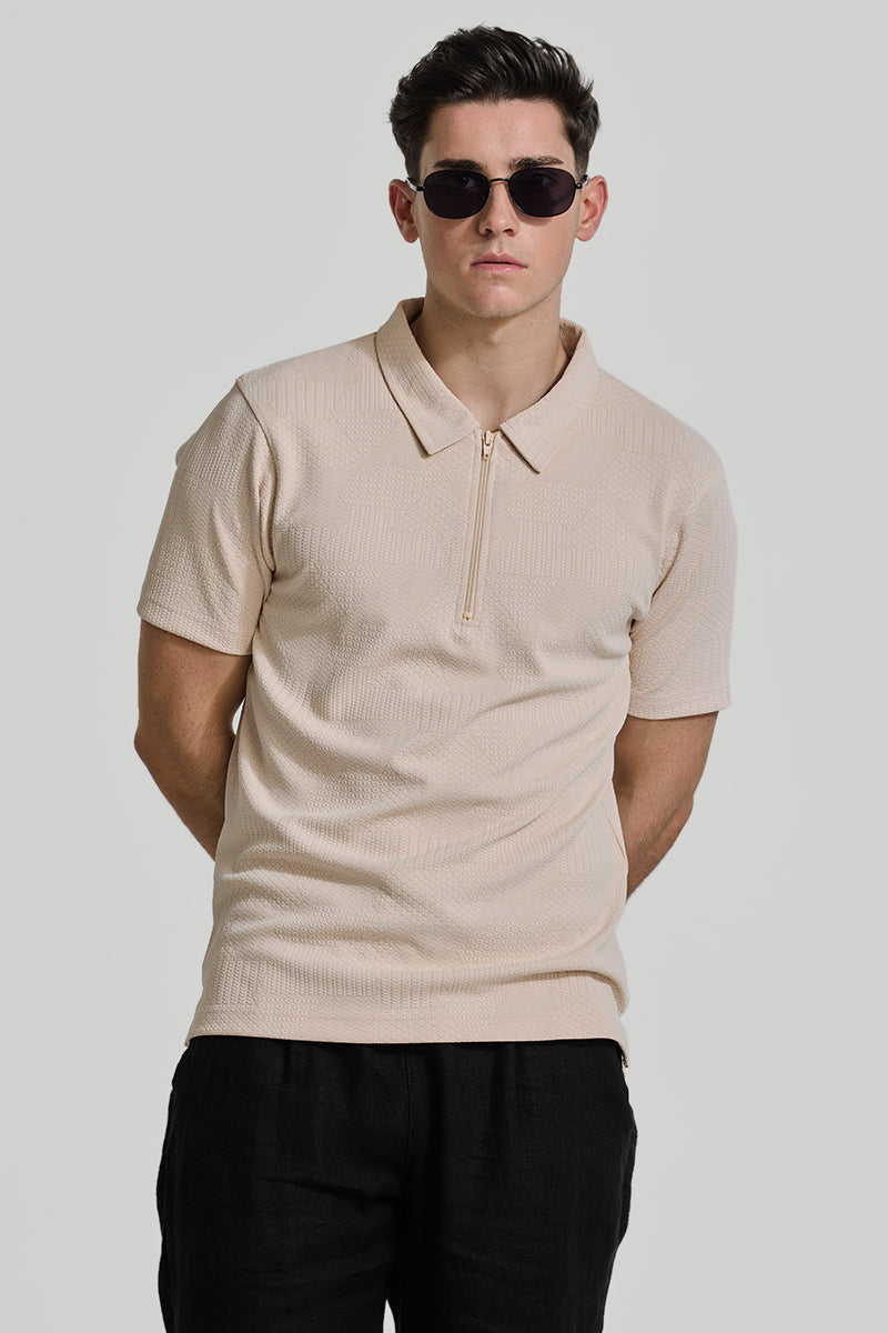 Beige Zipper Textured Polo T-Shirt