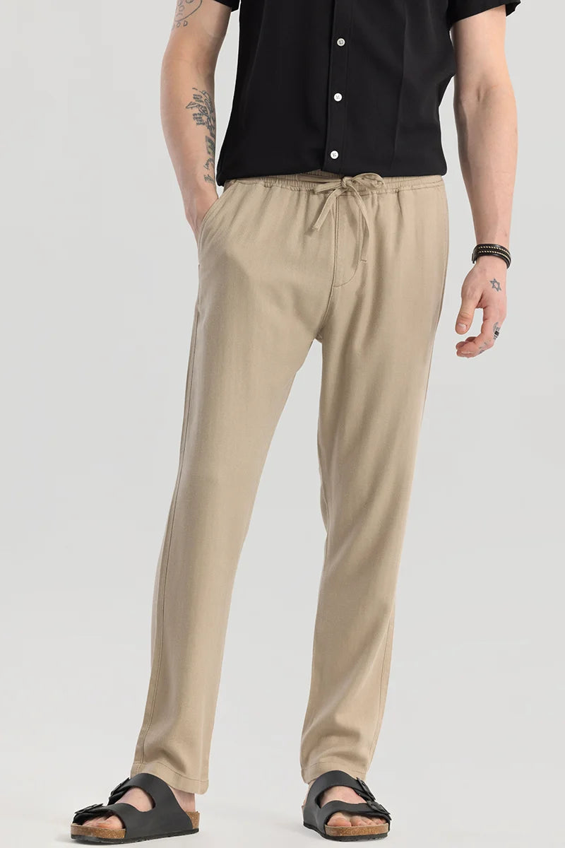 Ragna Beige Plain Relaxed Fit Joggers