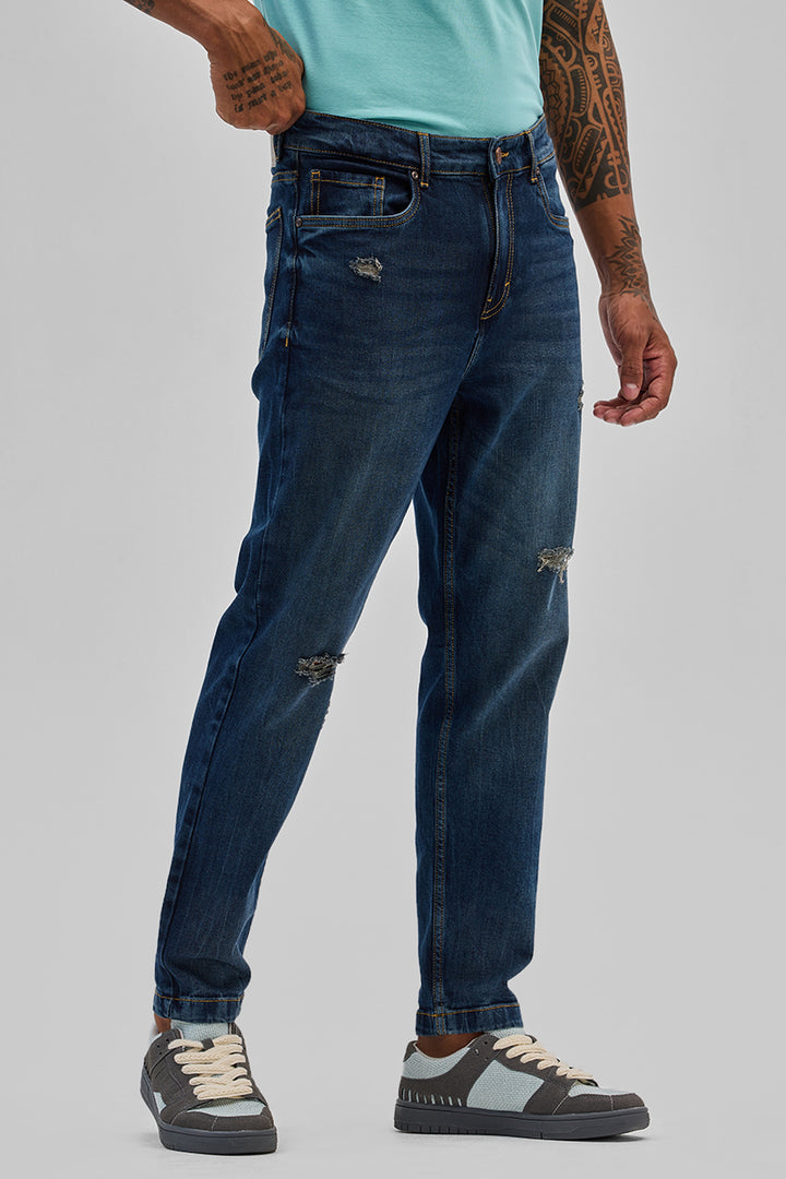 Dark Blue Distressed Slim Fit Jeans