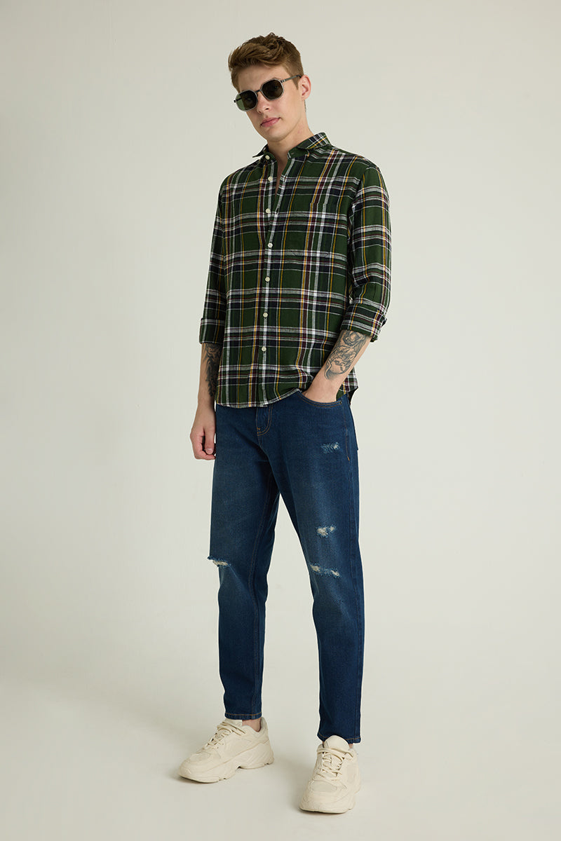 Dark Green Checks Linen Shirt