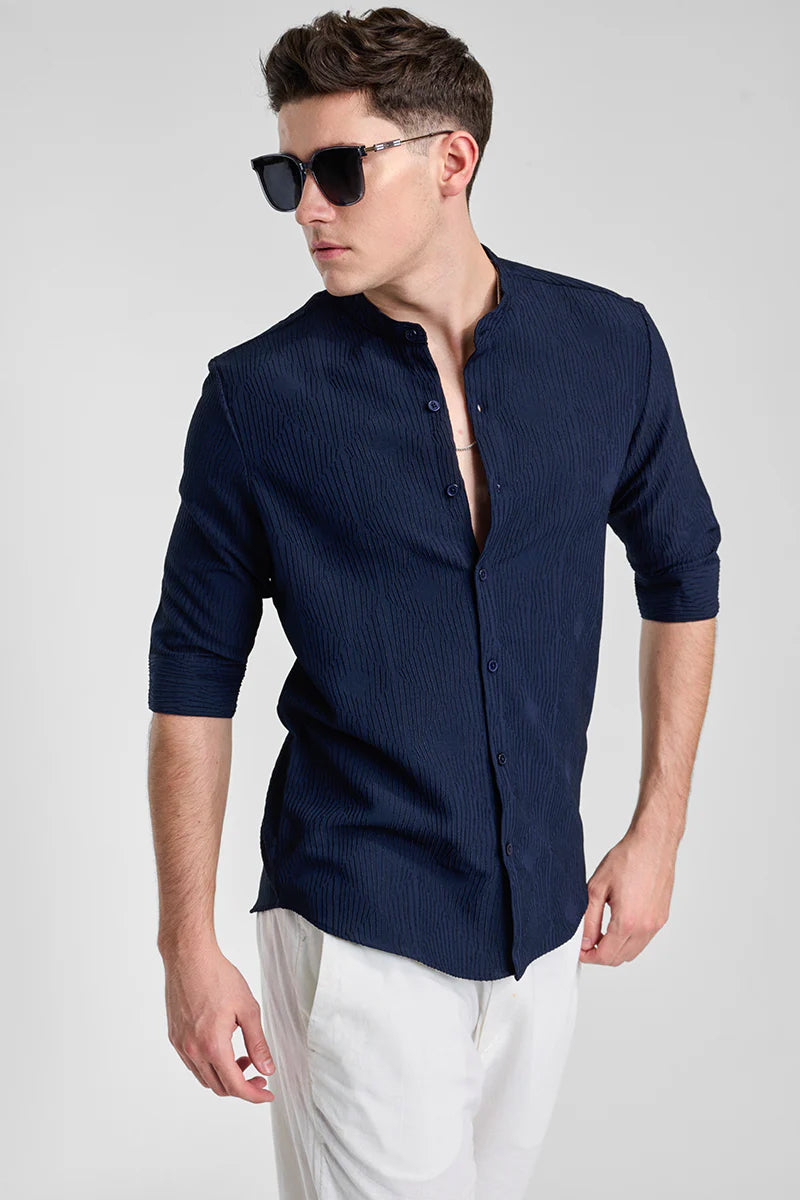 Navy Textured Mandarin Shirt