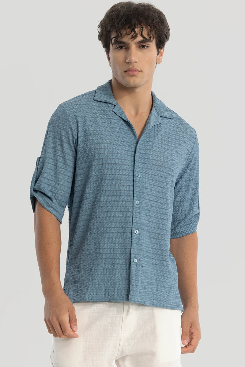 Blue Self-Design Cuban Shirt