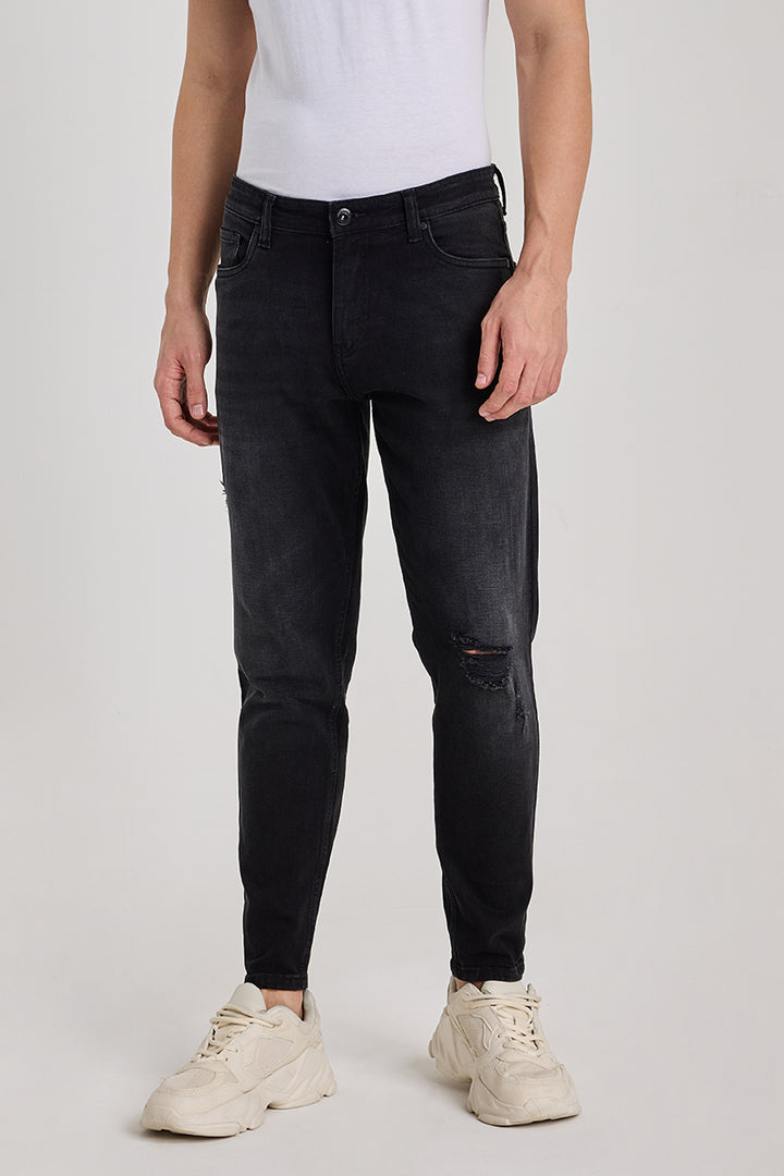 Black Distressed Tapered Fit Jeans