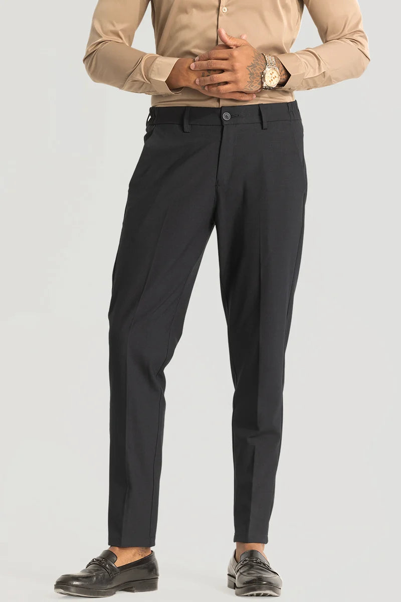 Charcoal Grey Self-Design Slim Fit Trousers