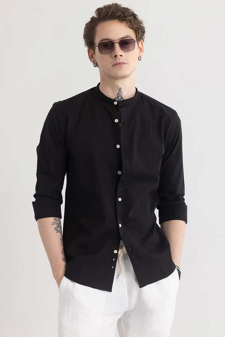 Mandarique Black Linen Blend Shirt