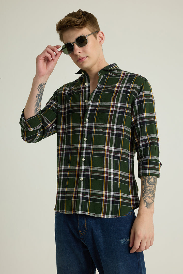 Dark Green Checks Linen Shirt