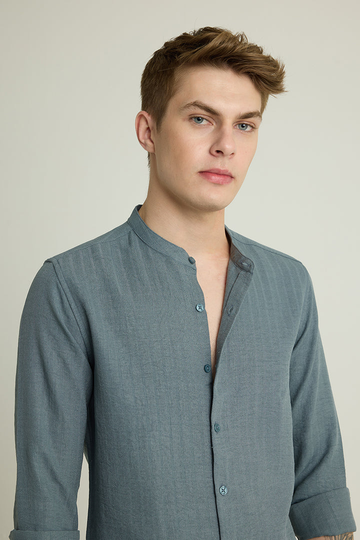 Teal Mandarin Self Stripe Shirt