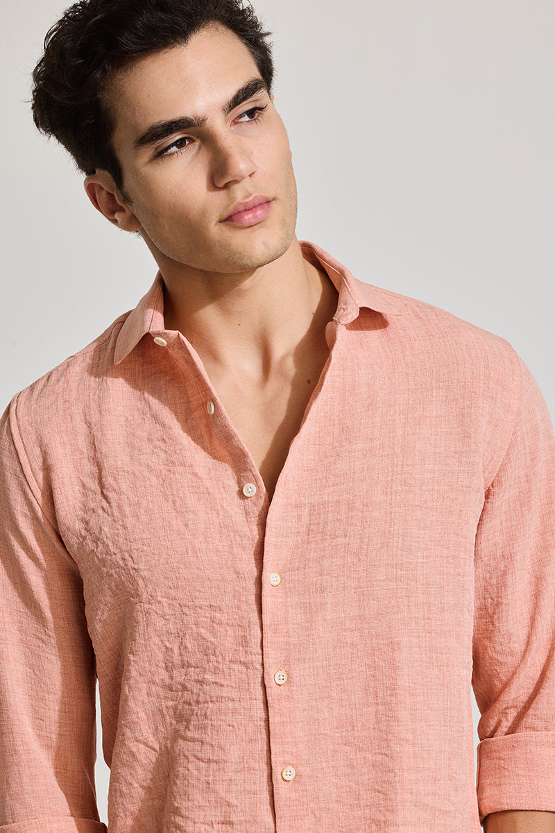 Peach Textured Slim Fit Shirt