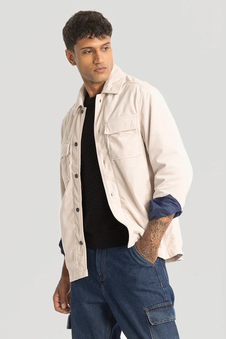 Cream Suede Double Pocket Overshirt