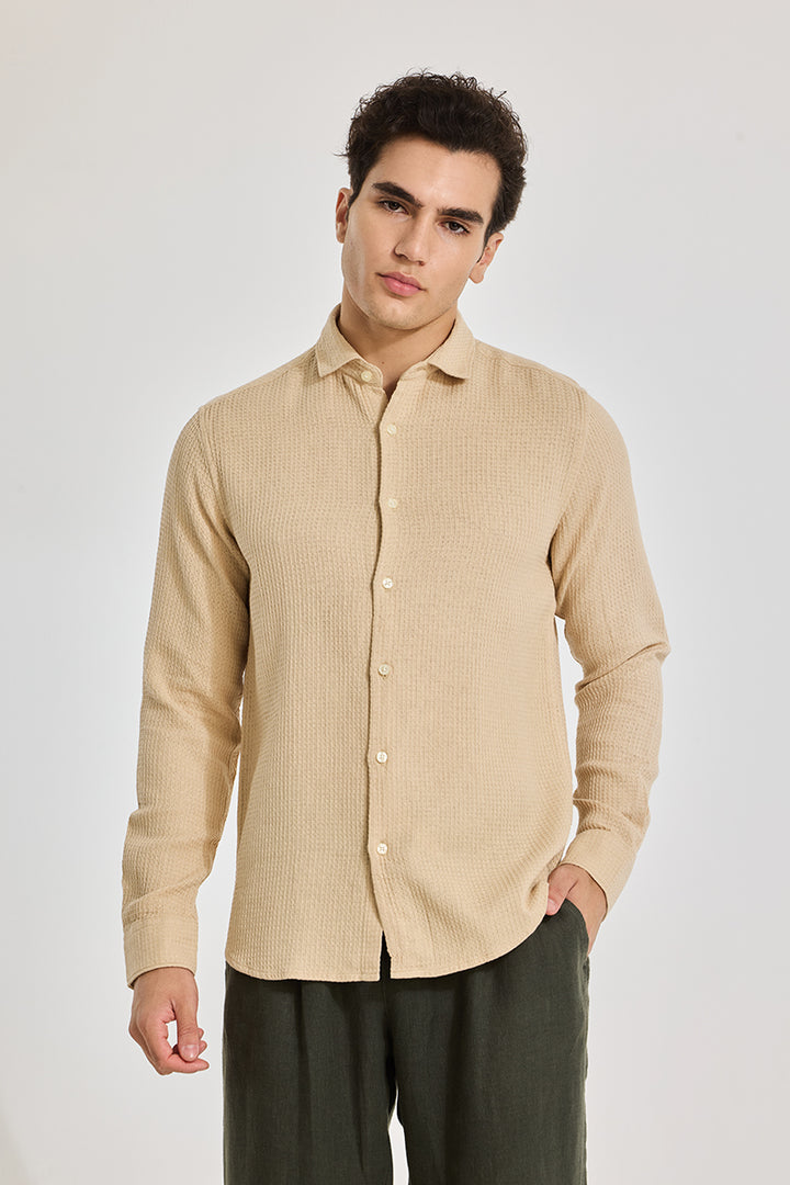 Beige Slim Fit Textured Shirt