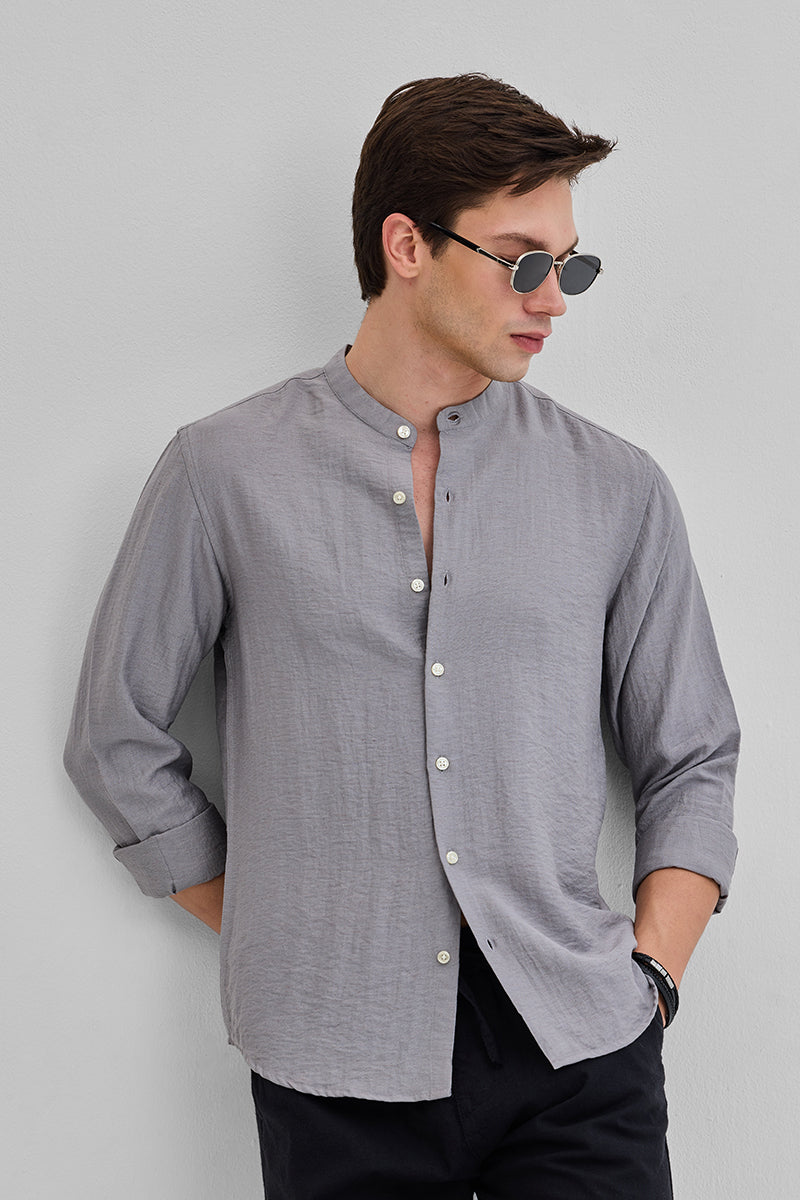 Grey Mandarin Linen Blend Shirt