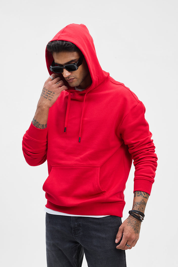 Red Solid Relaxed Fit Hoodies