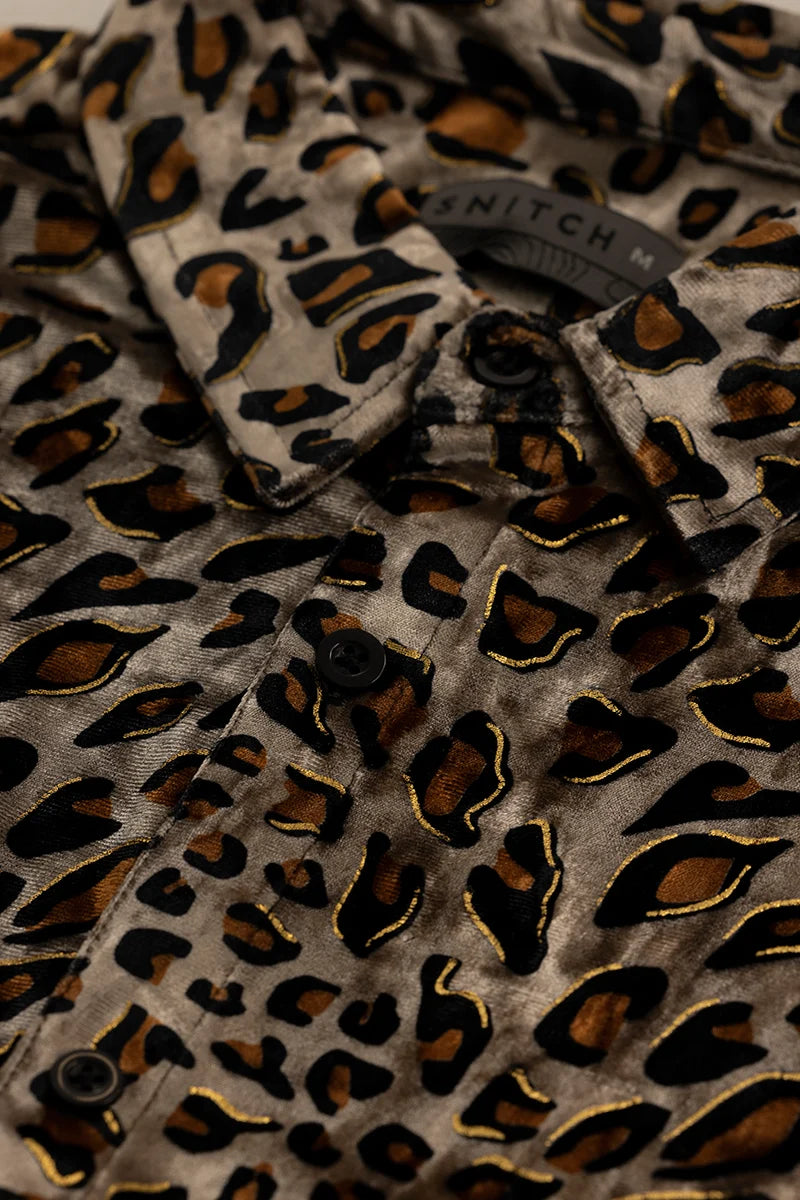 Magne Brown Animal Print Velvet Shirt