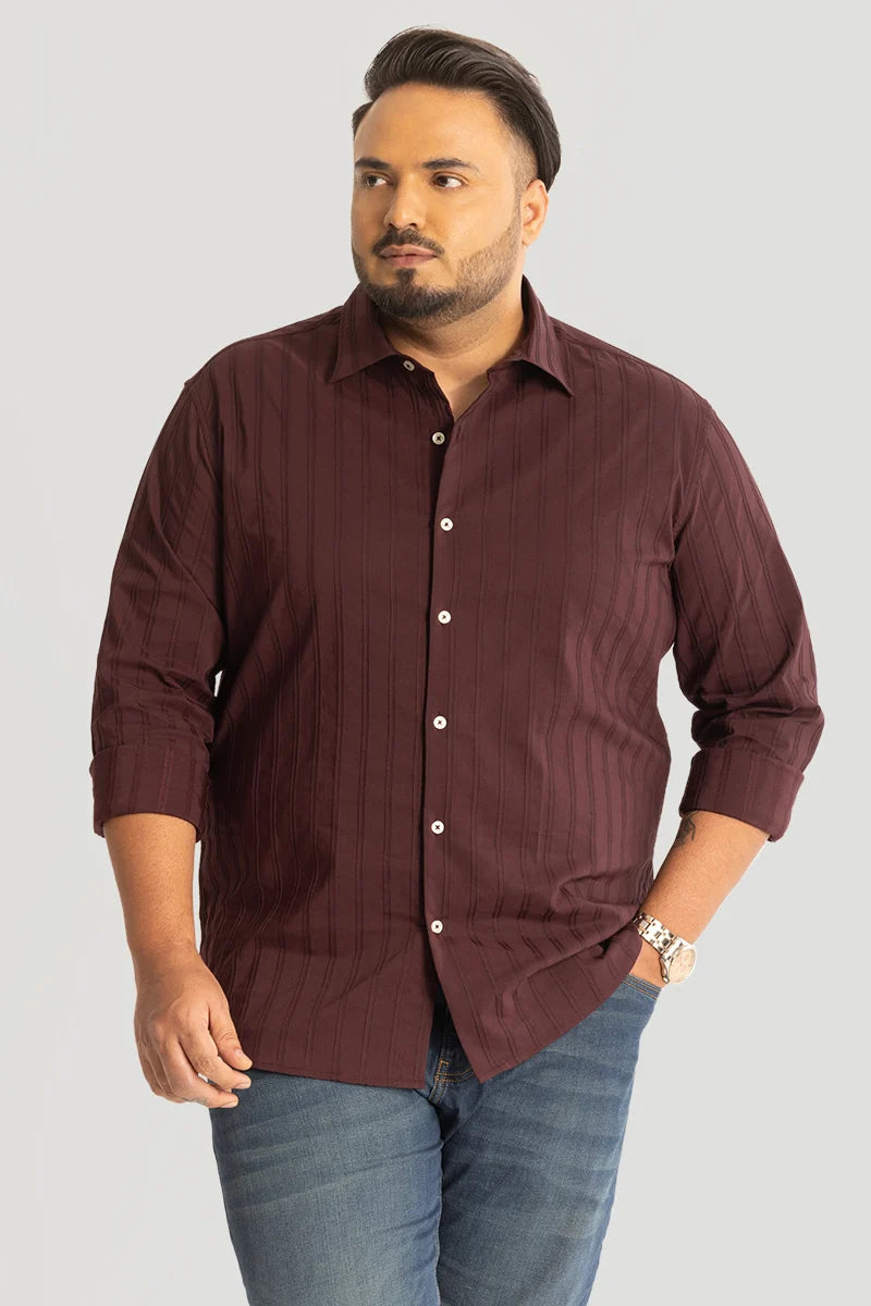 Maroon Self Stripe Textured Plus Size Shirt