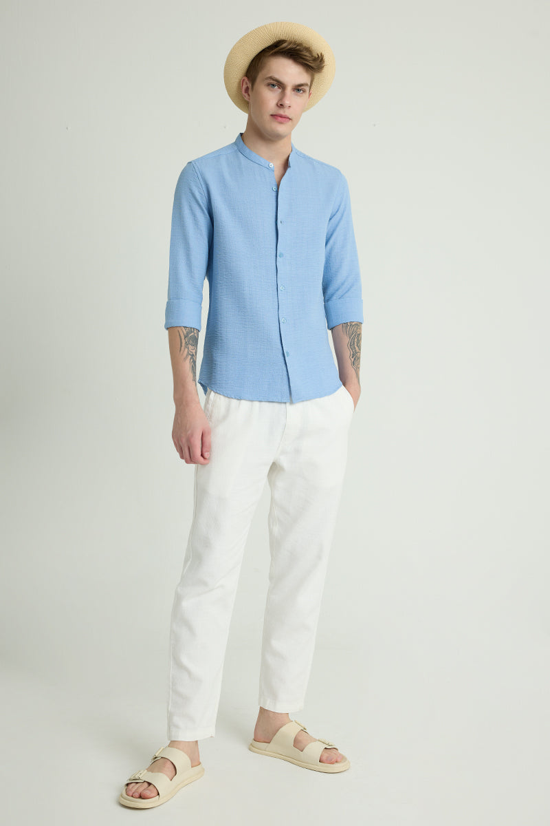 Light Blue Mandarin Self Stripe Shirt