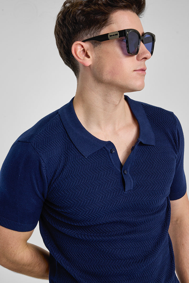 Navy Knitted Polo T-Shirt