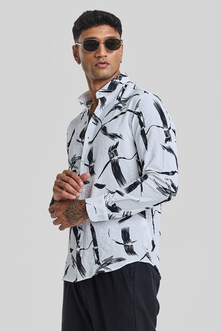 White Abstract Printed Slim Fit Shirt