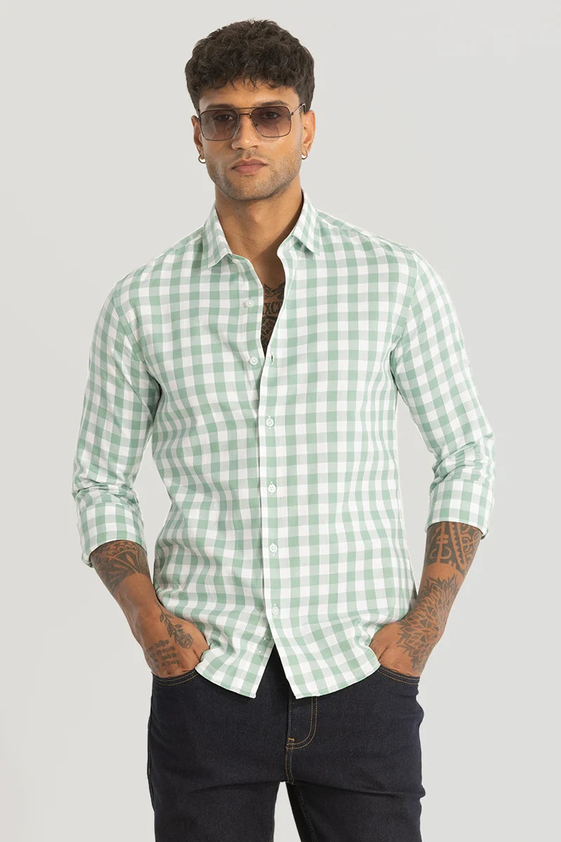 Light Green Slim Fit Checks Shirt