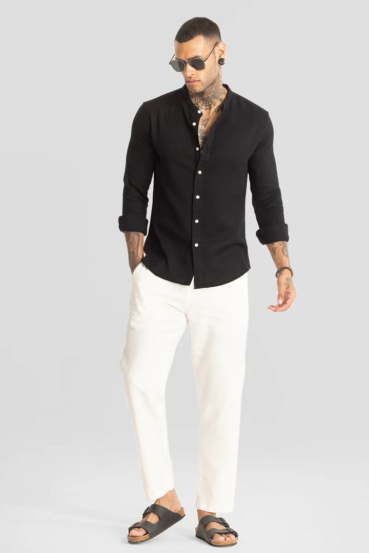 Black Woven Mandarin Shirt