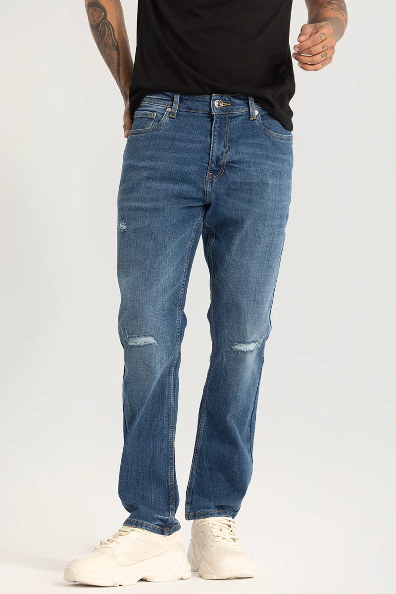 Blue Distressed Regular Fit Jeans