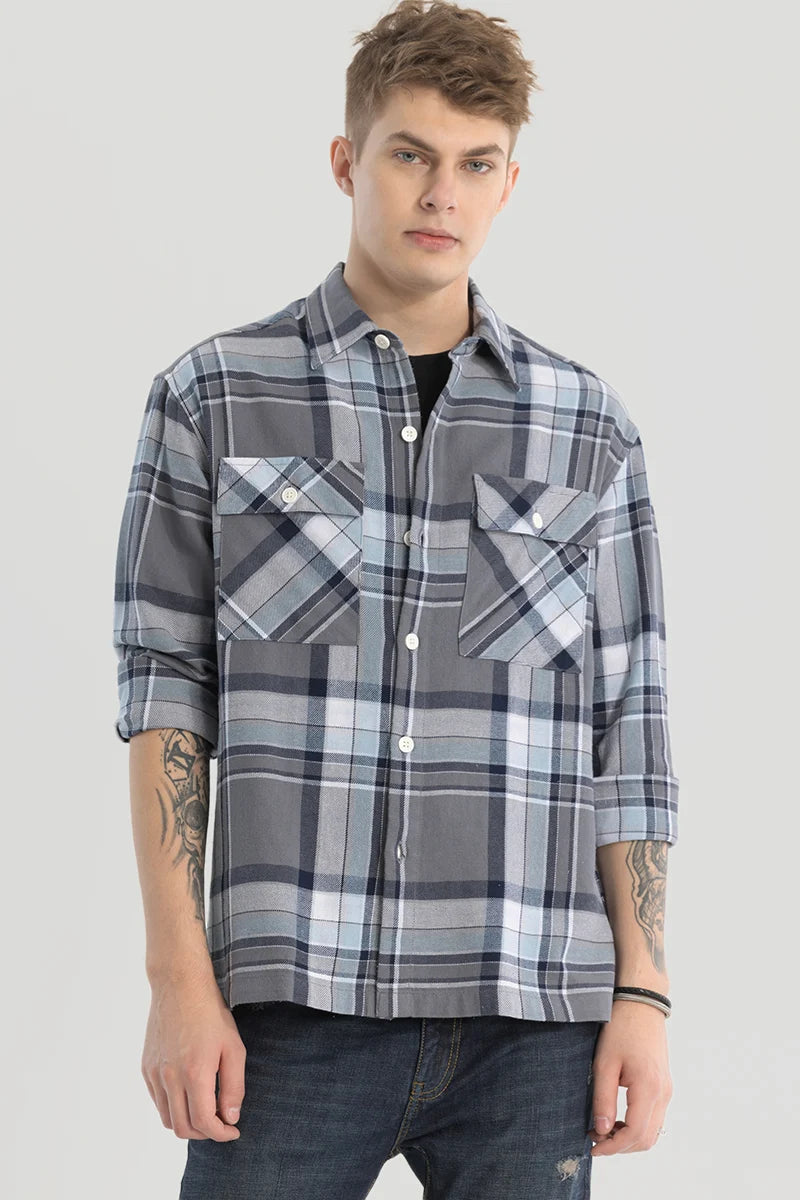 Grey Double Pocket Checks Shirt