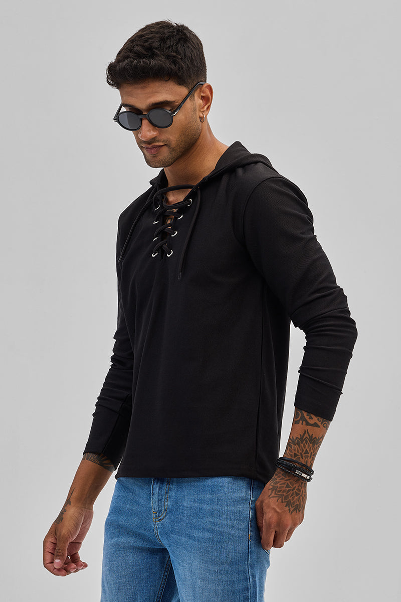 Black Lace-Up Textured Hoodie