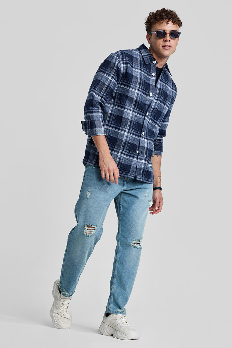 Navy Plaid Box Fit Flannel Shirt