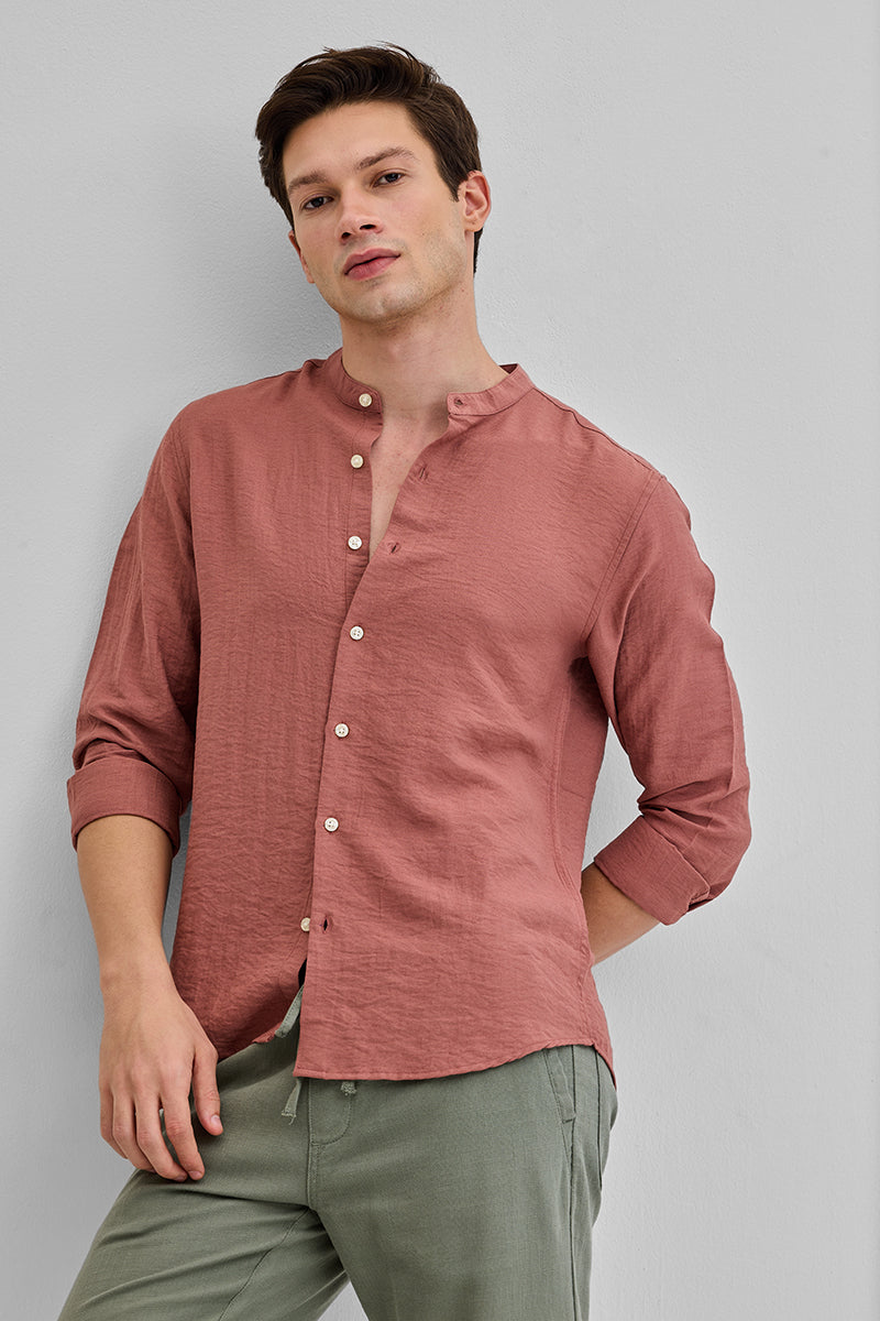 Coral Mandarin Linen Blend Shirt