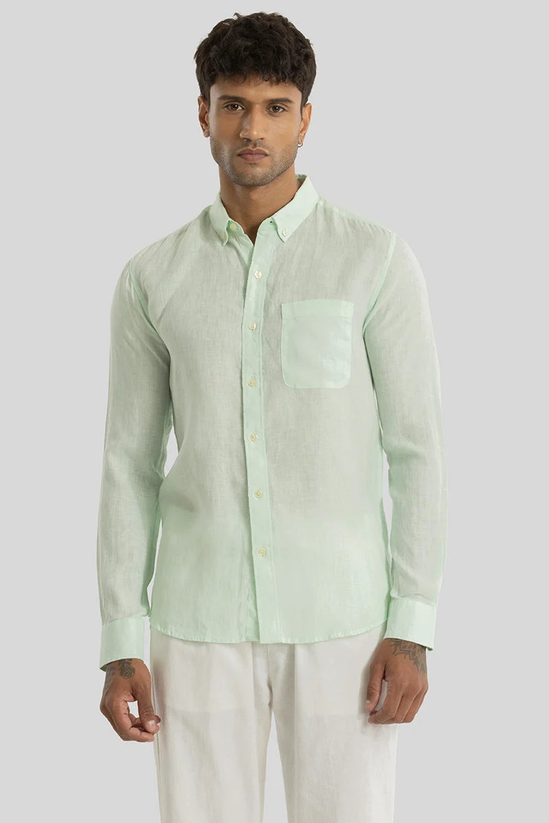 Elementary Light Green Plain Pure Linen Shirt