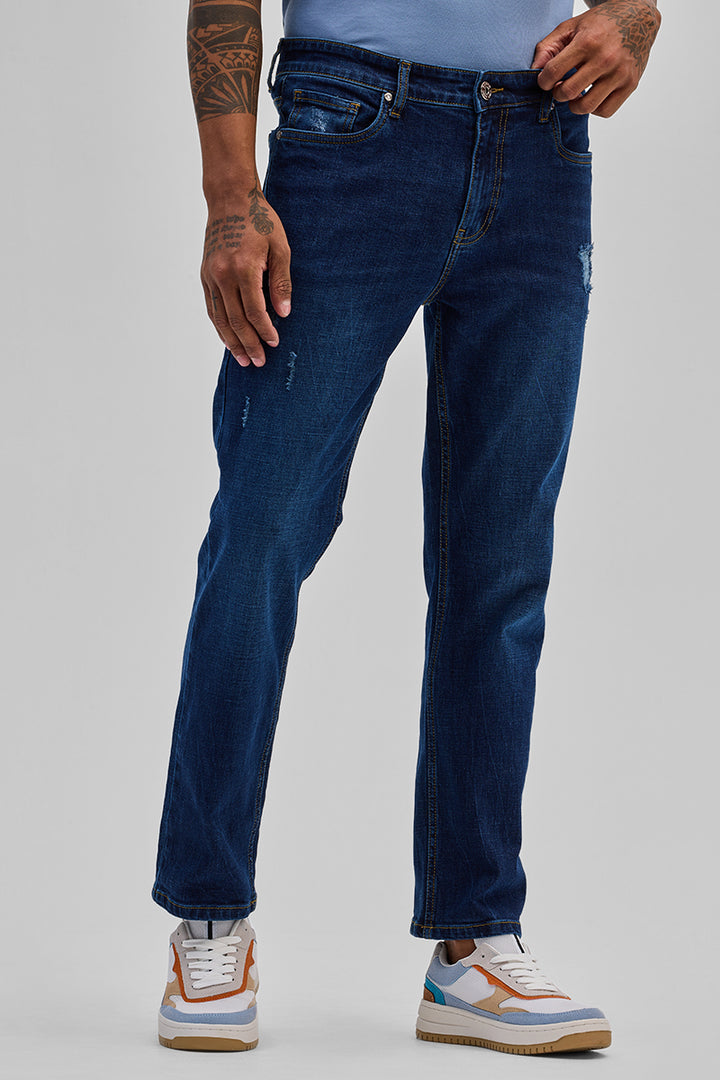 Dark Blue Distressed Regular Fit Jeans