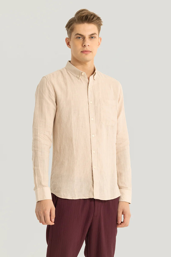 Elementary Beige Plain Pure Linen Shirt