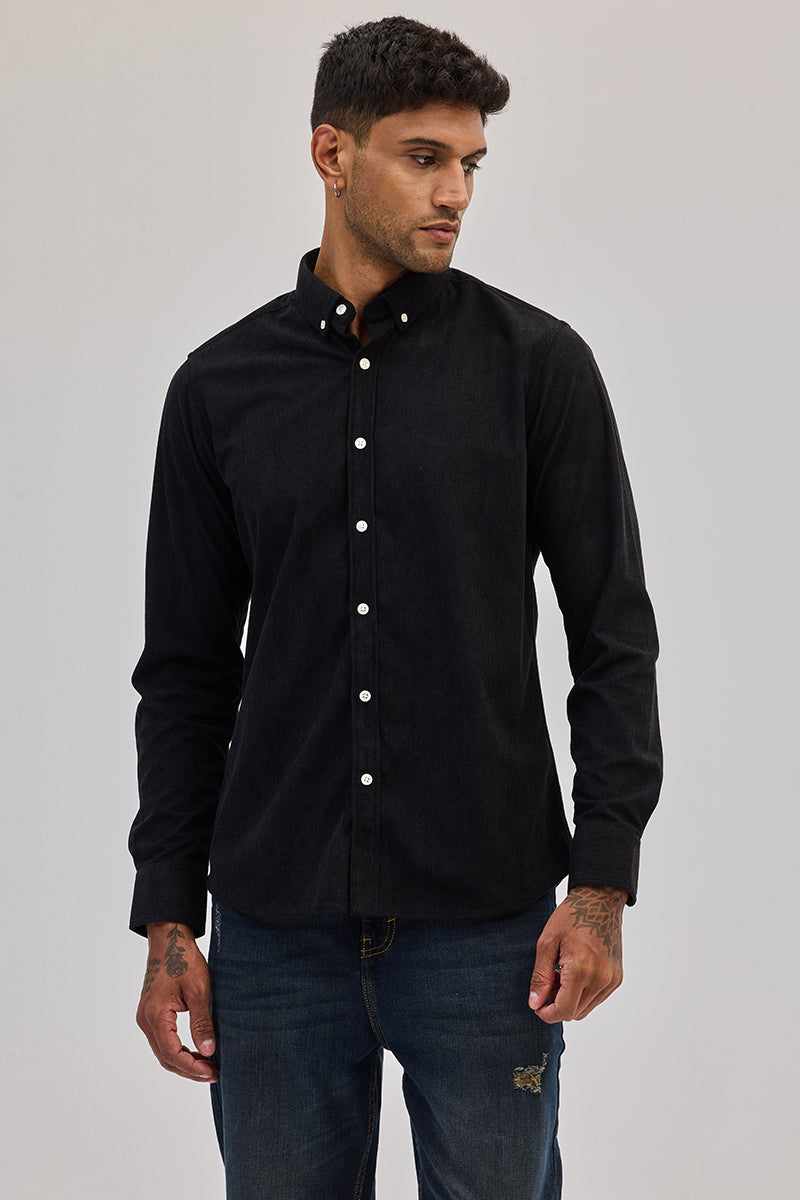 Black Slim Fit Corduroy Shirt