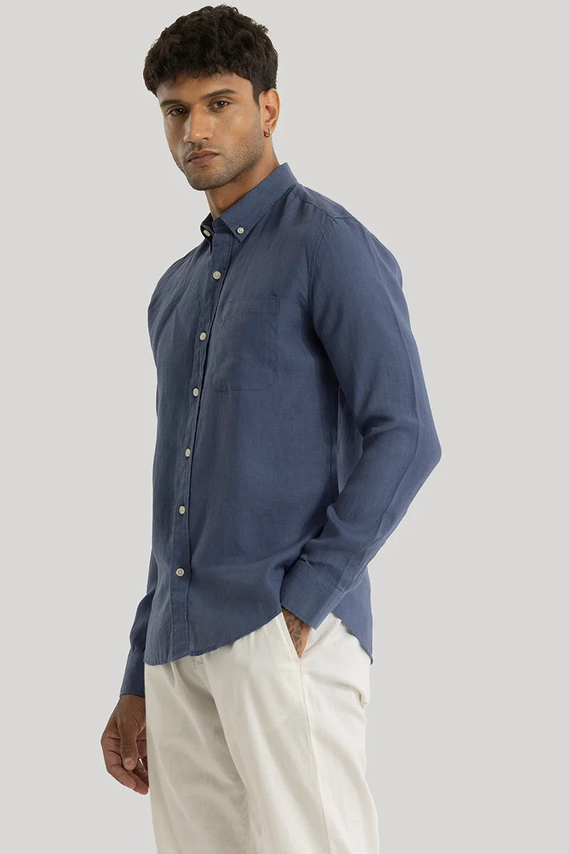 Elementary Stone Blue Plain Pure Linen Shirt