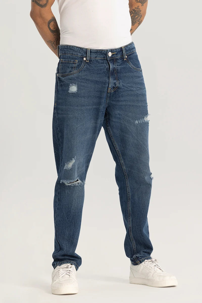 Dark Blue Distressed Baggy Fit Jeans