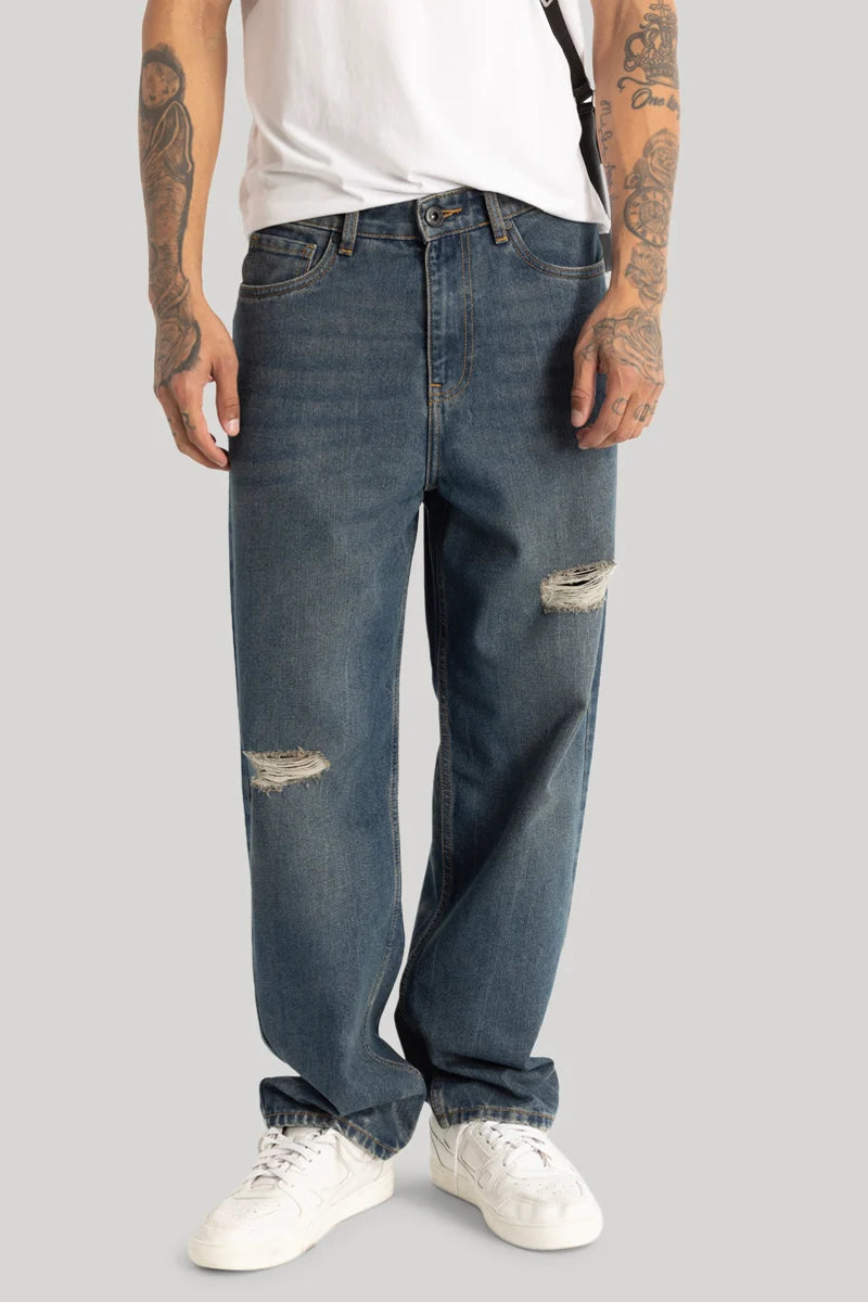 Dark Blue Distressed Loose Fit Jeans