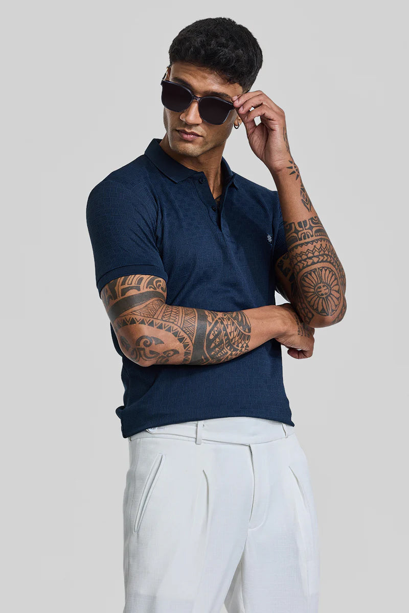 Navy Textured Polo T-Shirt