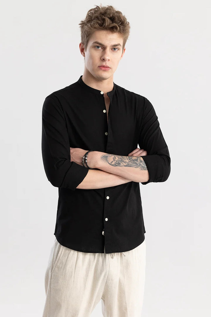 Linen Elegance Plain Black Shirt