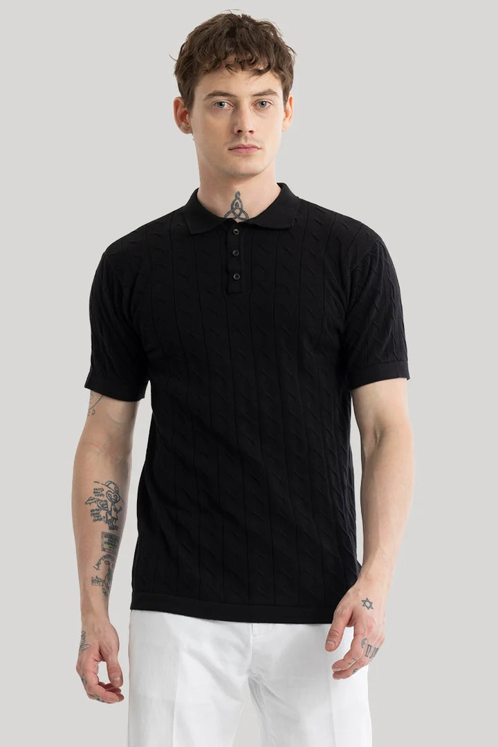 Fresco Black Knitted Polo T-Shirt