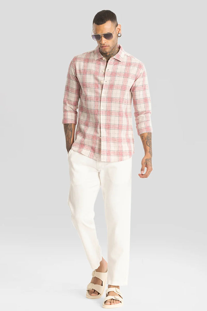 Red Linen Blend Checks Shirt