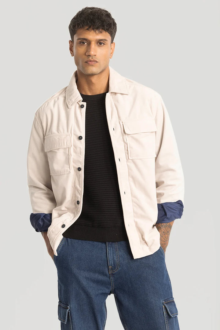 Cream Suede Double Pocket Overshirt